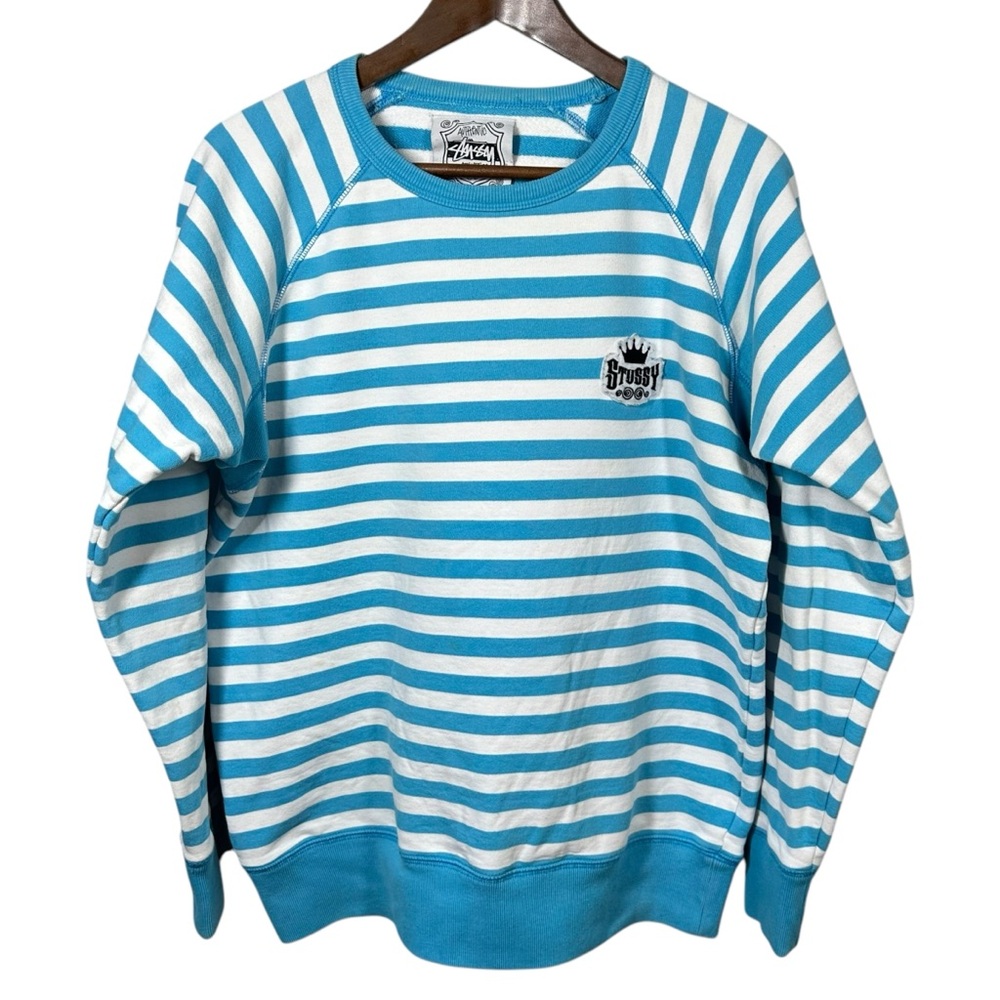 Vtg Stussy Striped Crewneck Sweatshirt Crown Logo 90s Y2K Skate Streetwear Sz L
